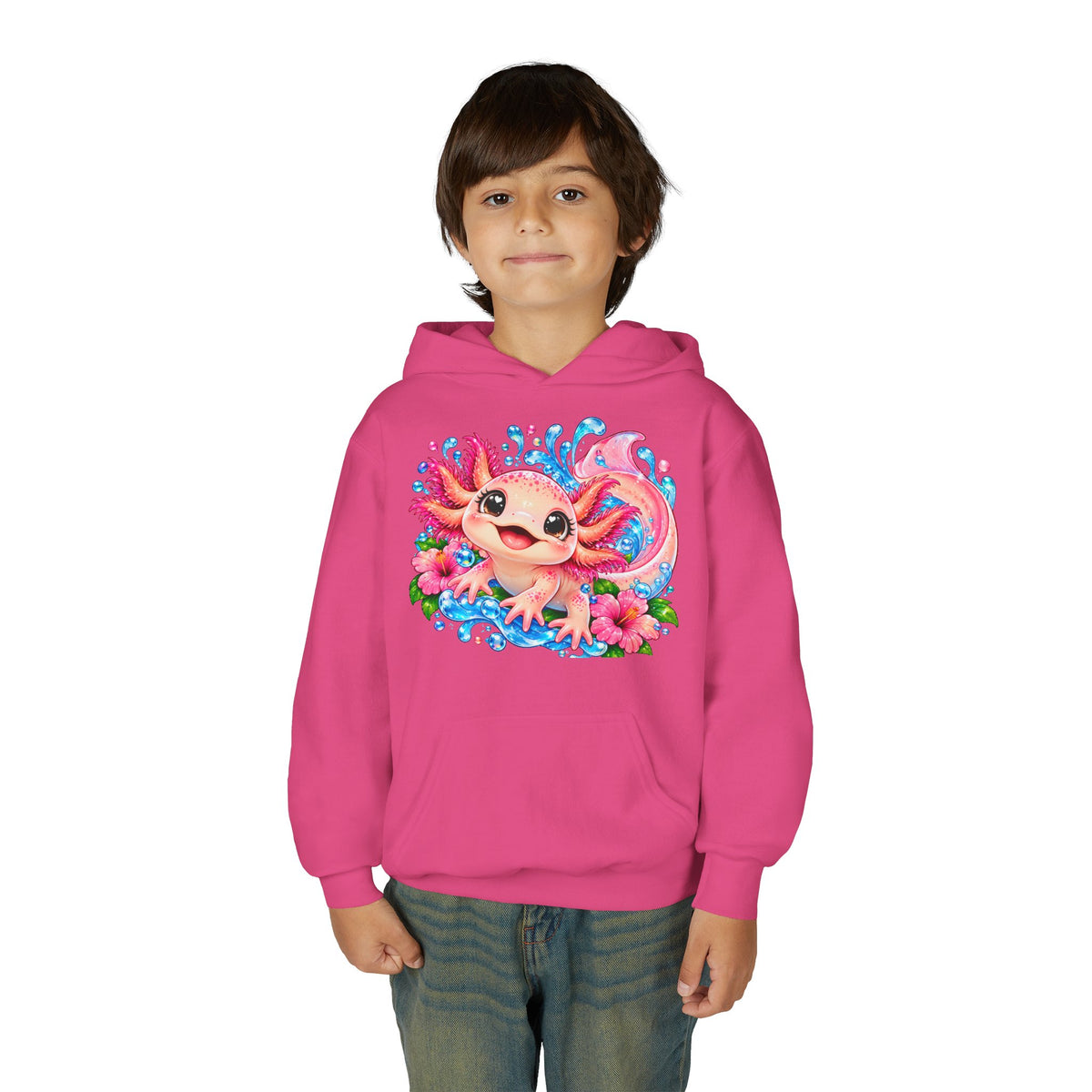 Axolotl Kids Hoodie - Cute Pink Axolotl with Flowers & Water Splash Youth Sweatshirt