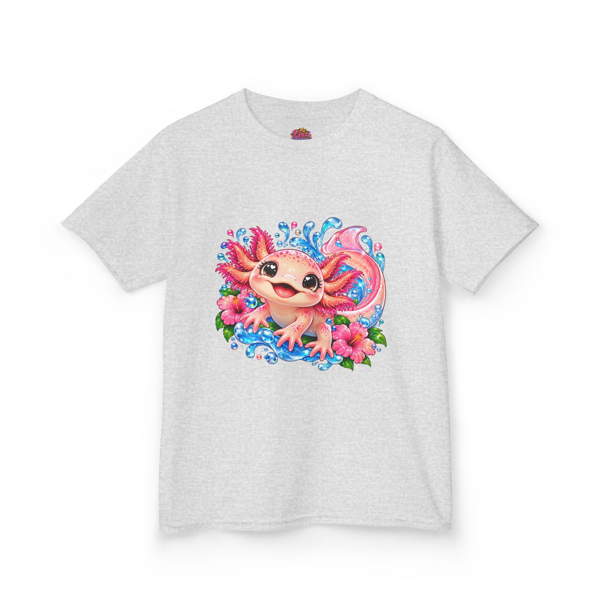 Cute Axolotl Kids T-Shirt — Pink Watercolor Axolotl with Flowers (Children's Tee)