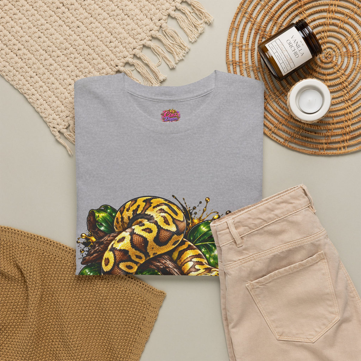 Ball Python Illustration T‑Shirt — Yellow Jungle Snake Graphic Tee